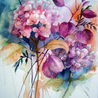 Colorful Watercolor Painting of Purple and Pink Flowers Bouquet