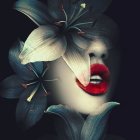 Stylized portrait of woman with exotic white flowers and red lipstick