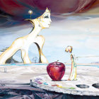 Surreal painting: White unicorn, golden mane, glasses, feathers, vibrant skies, icy landscapes