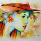 Colorful watercolor portrait of a woman in stylish hat with expressive gaze