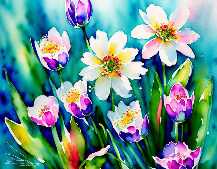 Colorful Watercolor Painting of Blooming Flowers in Blues, Purples, Yellows,