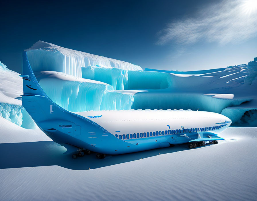 Airplane fuselage merges with glacier landscape under blue sky