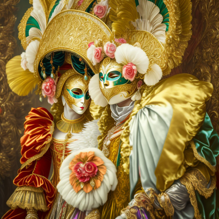 Elaborate Venetian Carnival costumes with ornate masks & gold accents