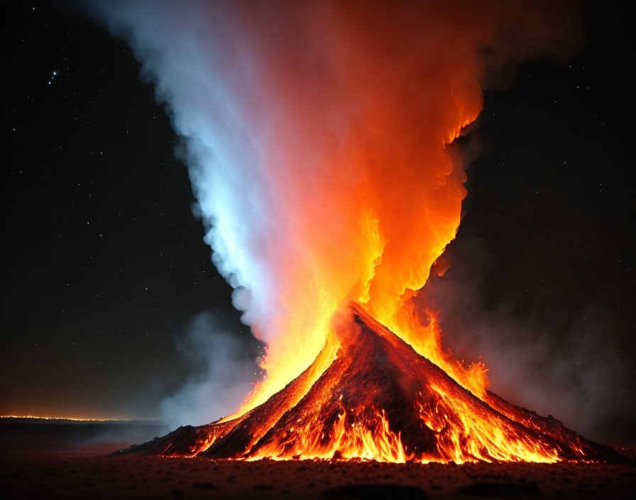 Nighttime volcano eruption with bright lava and dark smoke under starry sky