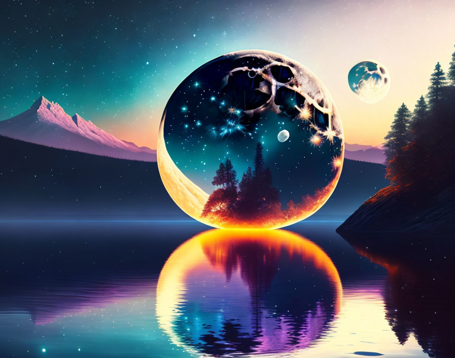 Surreal landscape with reflective lake, giant orb, moon-like orb, starry sky, mountains