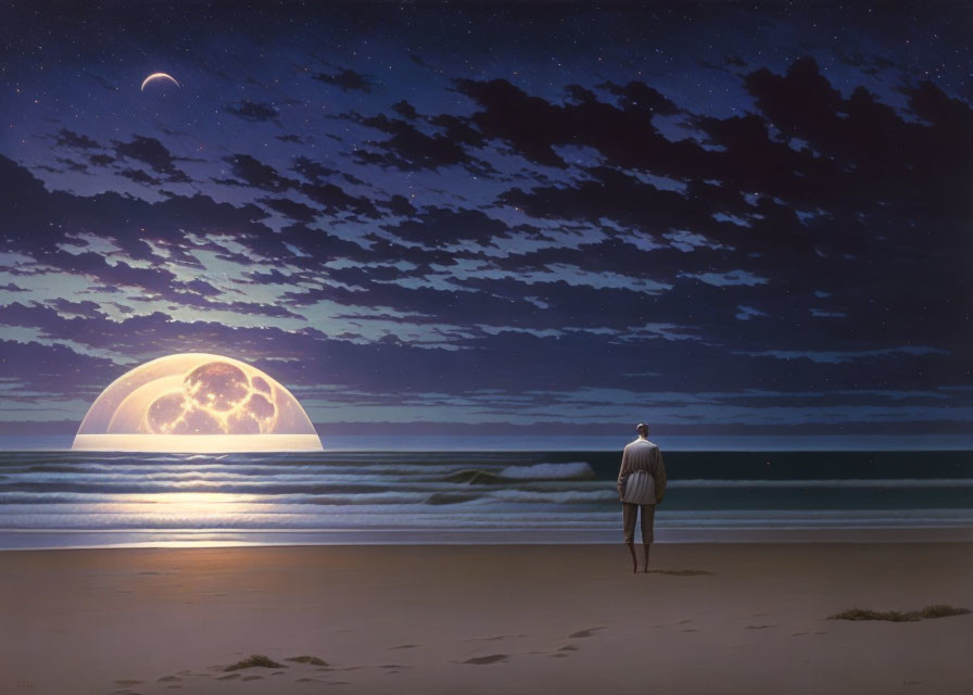 Beach scene: person under glowing moon and stars