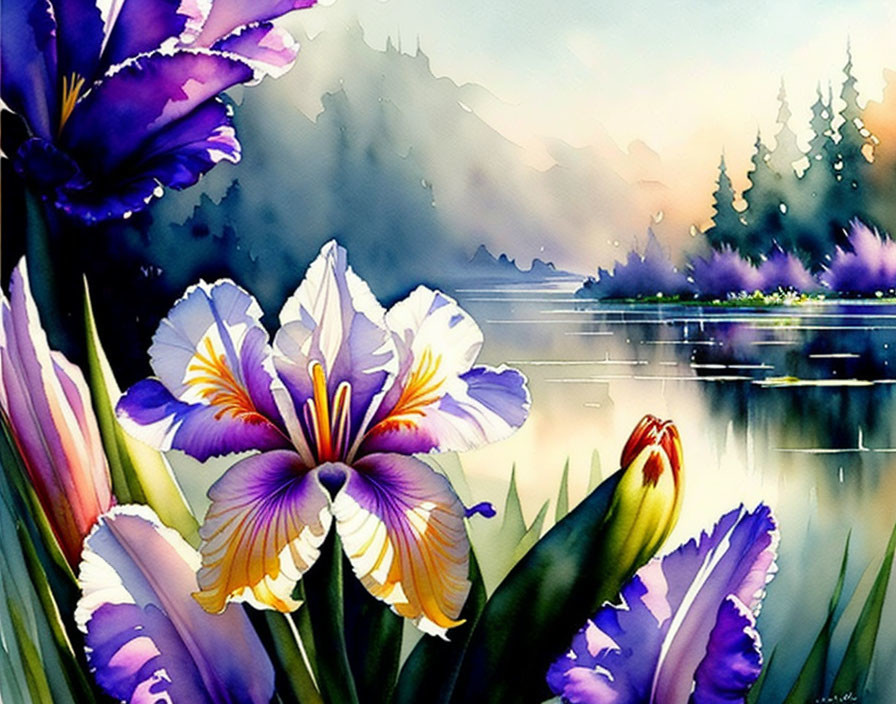 Purple and White Irises Watercolor Painting by a Lake