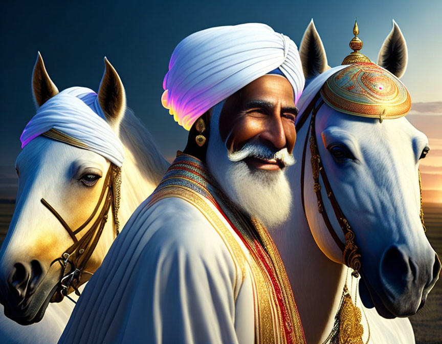 Traditional Attire Man Smiling with White Horses at Dusk