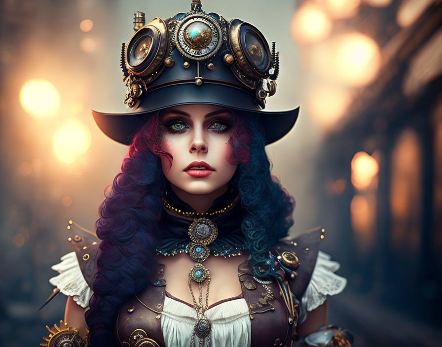 Steampunk Woman in Decorated Attire and Purple Hair on Blurred Background