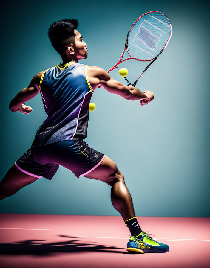 Male badminton player in colorful outfit lunging with racquet on pink and teal background