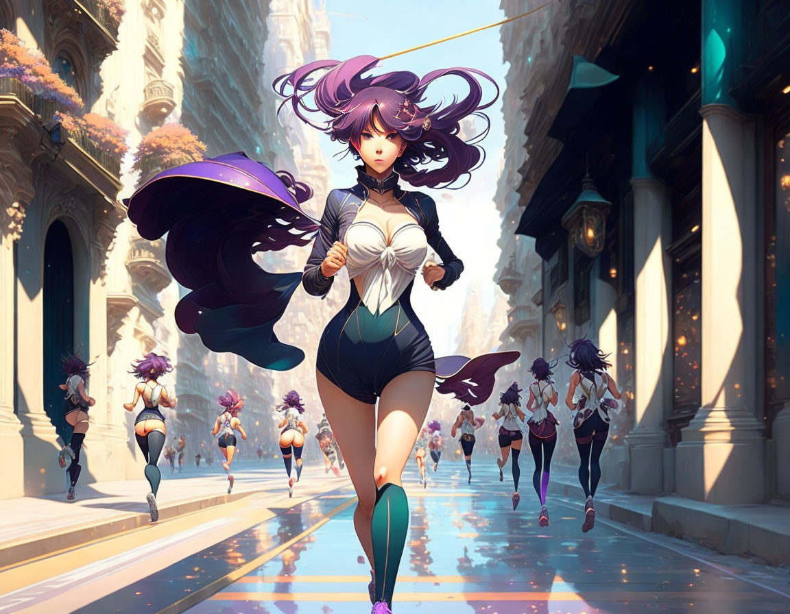 Purple-haired girl leads runners in futuristic cityscape.