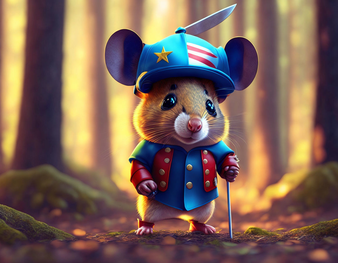 Colorful Military Uniform Mouse in Sunlit Forest