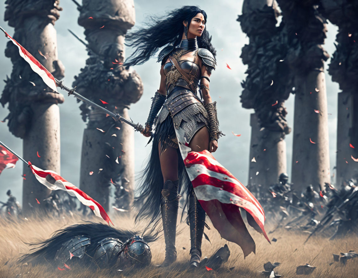 Warrior woman in armor on battlefield with fallen soldiers and flag