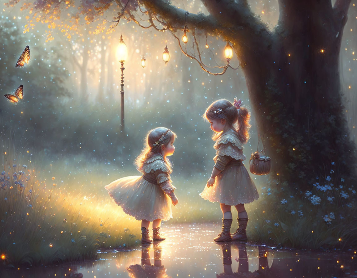 Children in vintage dresses in enchanted forest with glowing lights