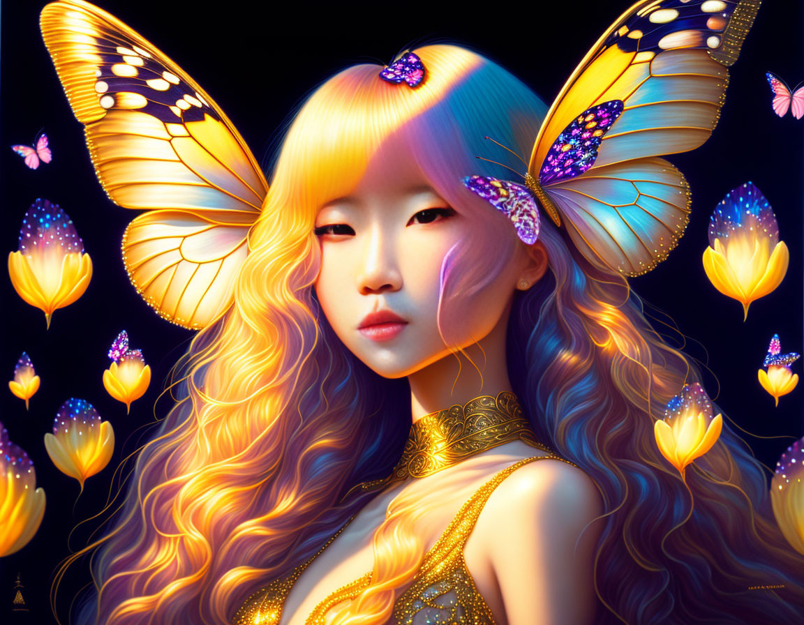 Golden-haired woman with butterfly wings amidst glowing flowers on dark backdrop