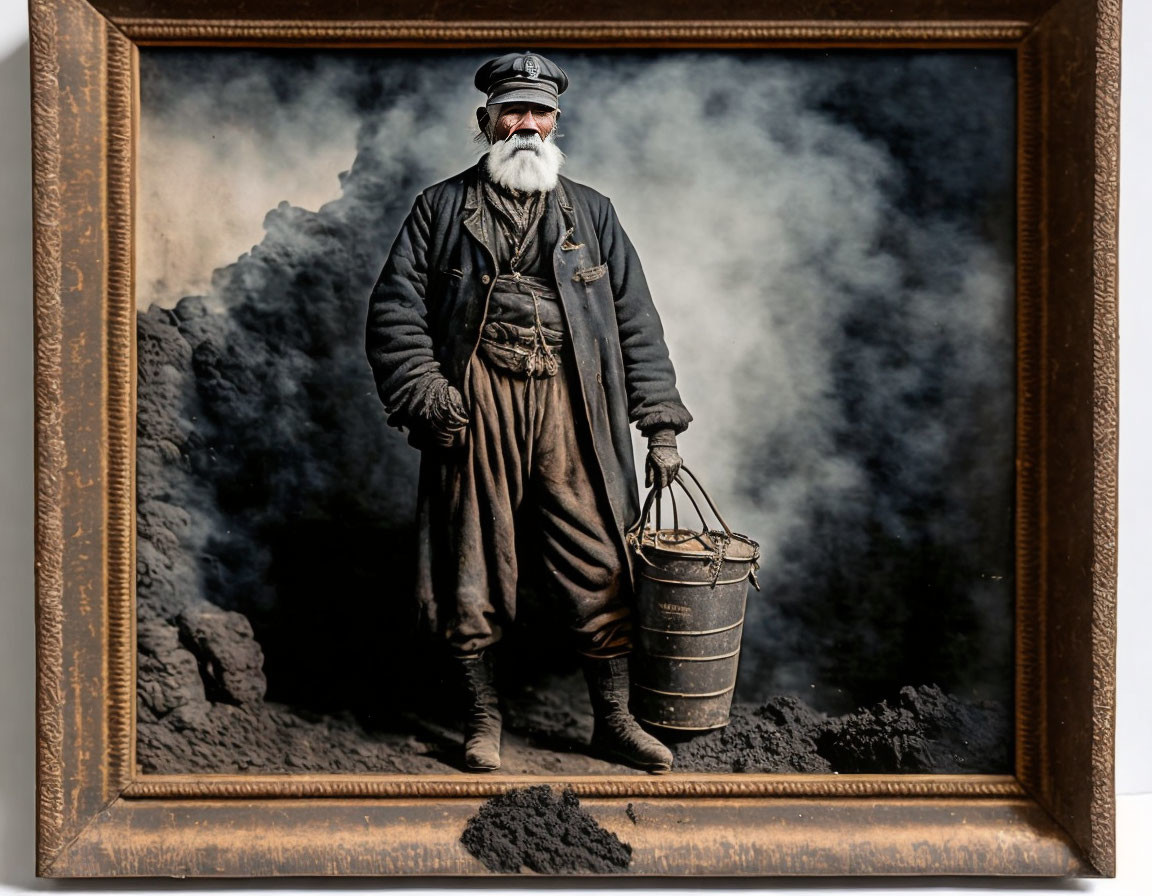 Vintage portrait of bearded man in work attire with cap and bucket against smoky background in ornate