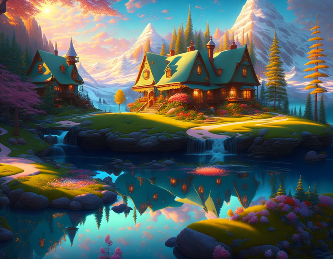 Vibrant fantasy landscape with cottage, lake, waterfalls, and mountains