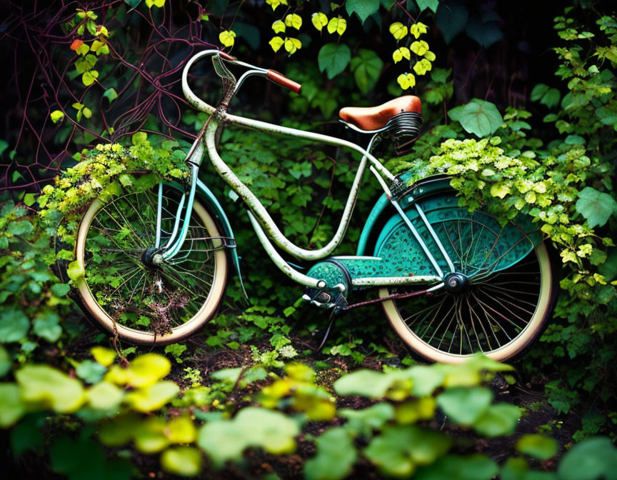 Vintage Bicycle Overgrown by Plants in Lush Green Setting