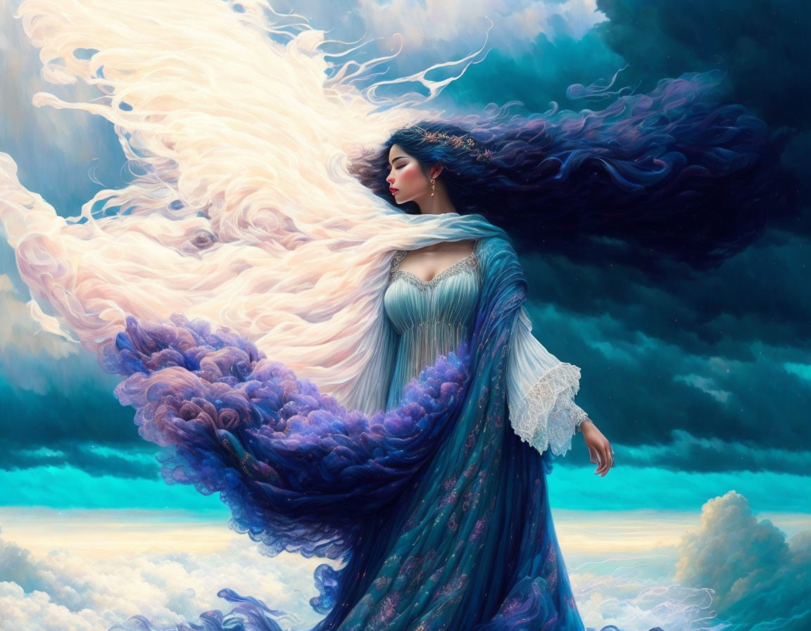 Ethereal woman in flowing gown under dynamic sky