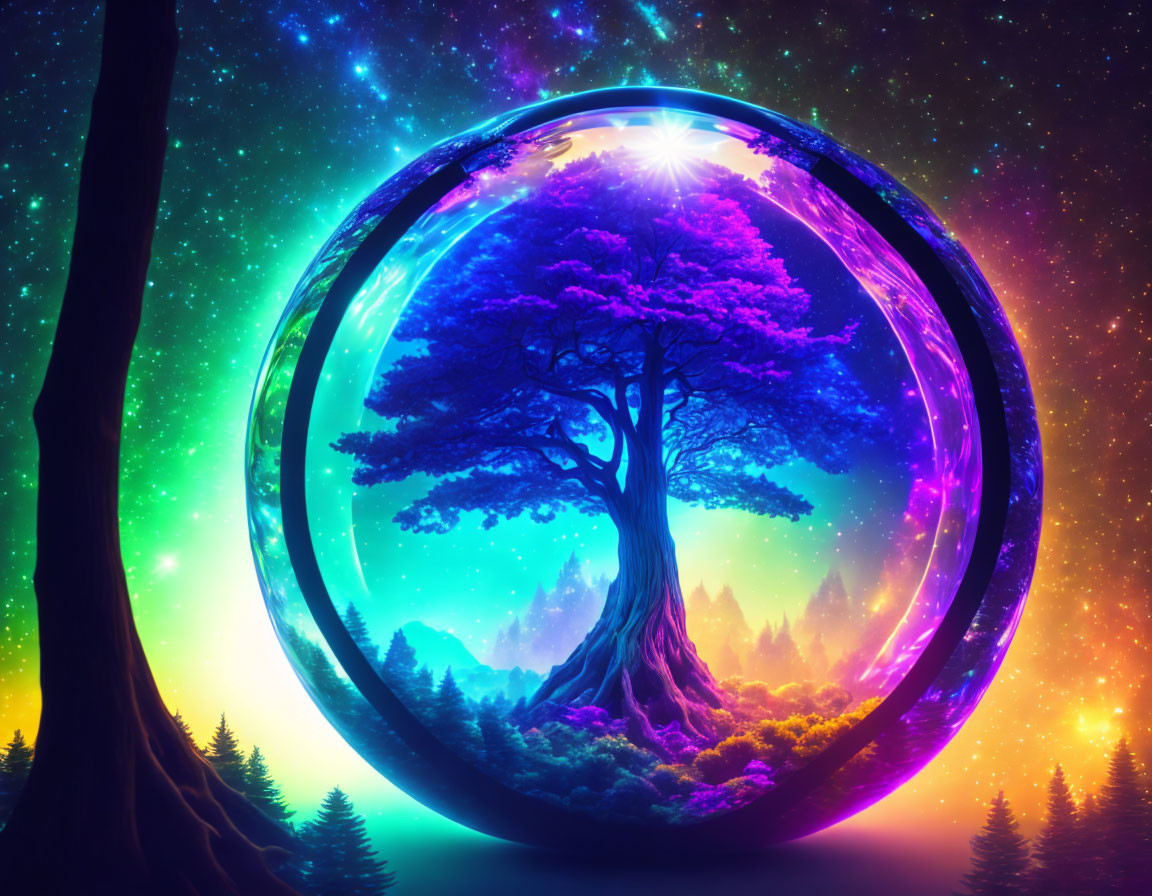 Majestic tree in cosmic sphere on starry night sky