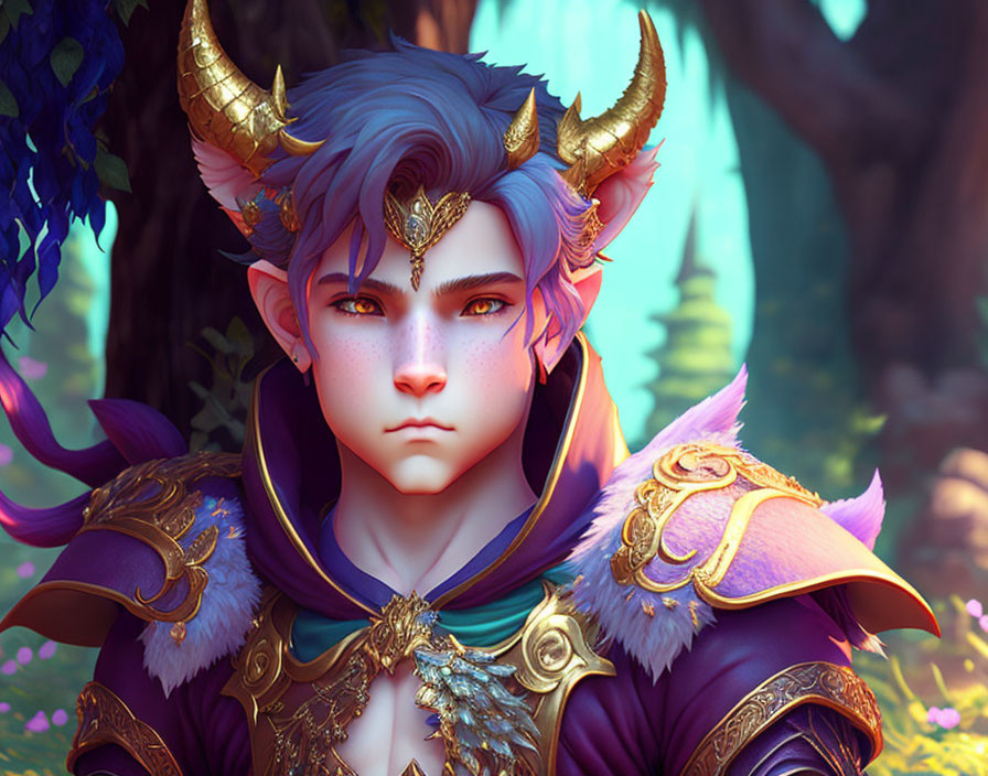 Fantasy character with horns in regal attire in enchanted forest