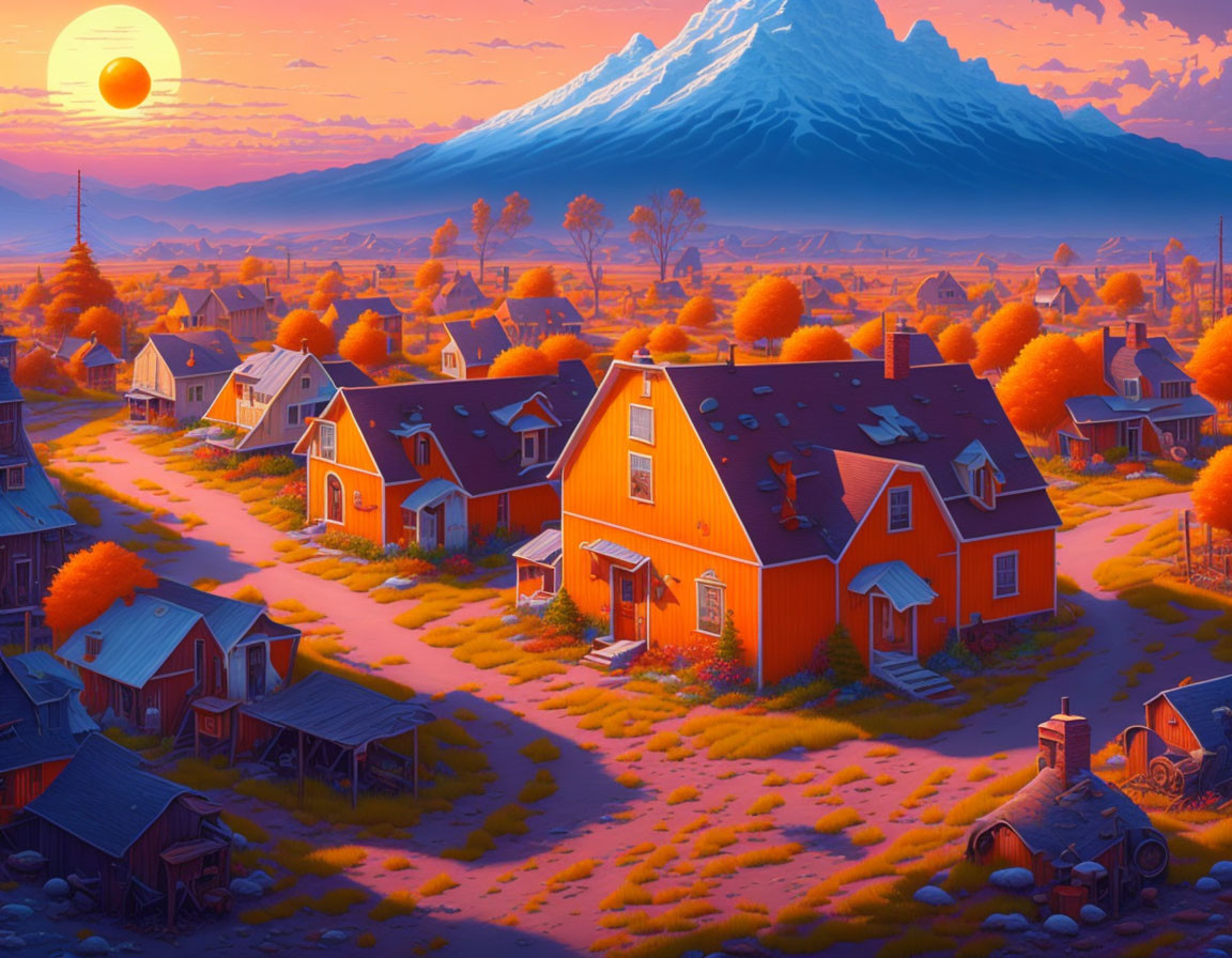 Scenic sunset over village with orange-roofed houses