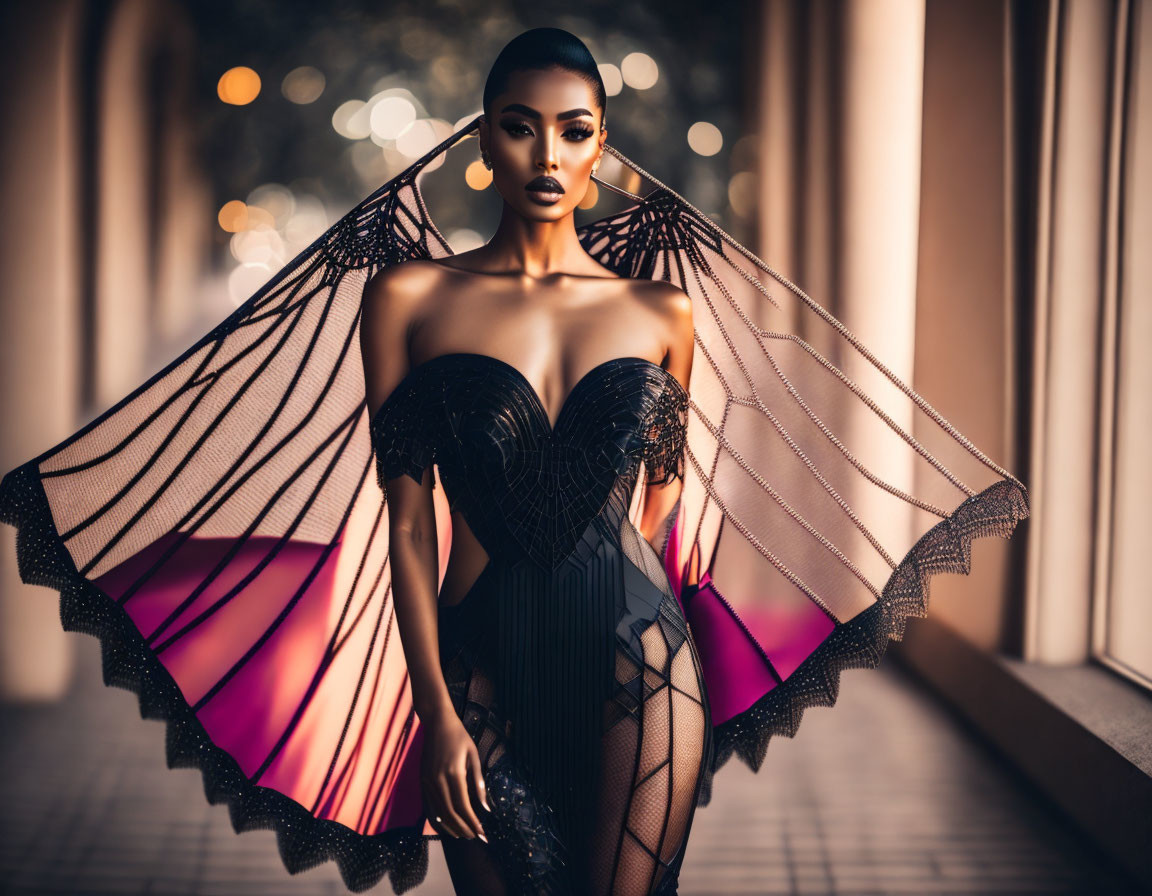 Woman in elegant black dress with dramatic wing-like sleeves against city lights backdrop