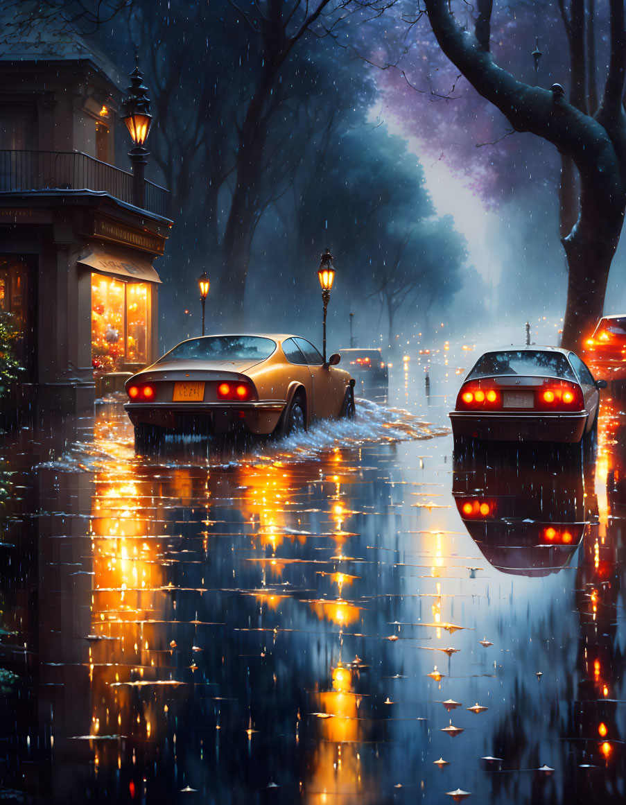 Rainy Evening Scene: Two Cars, Lampposts, Cozy House, Trees