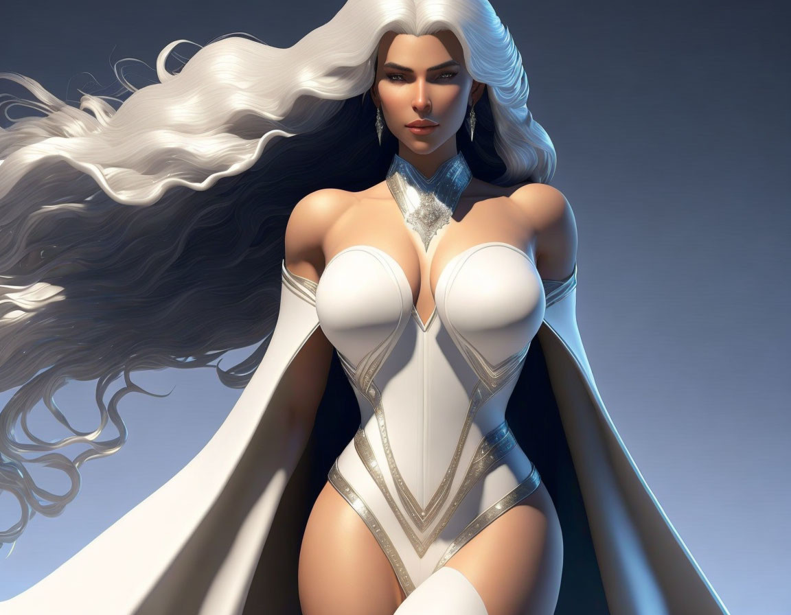 Stylized illustration of confident woman in silver and white bodysuit