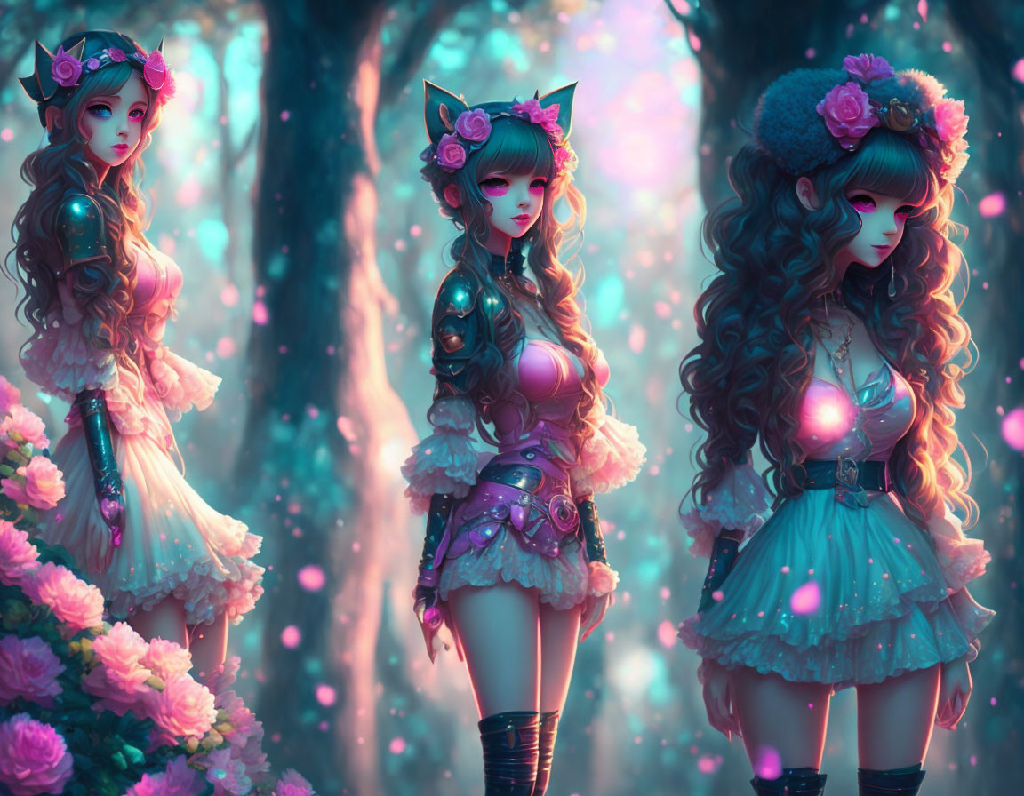 Anime-style girls in mystical forest with fantasy armor & floral headpieces