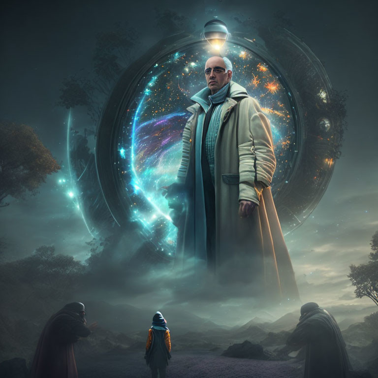 Bald man in cloak by magical portal with robed figures in misty landscape