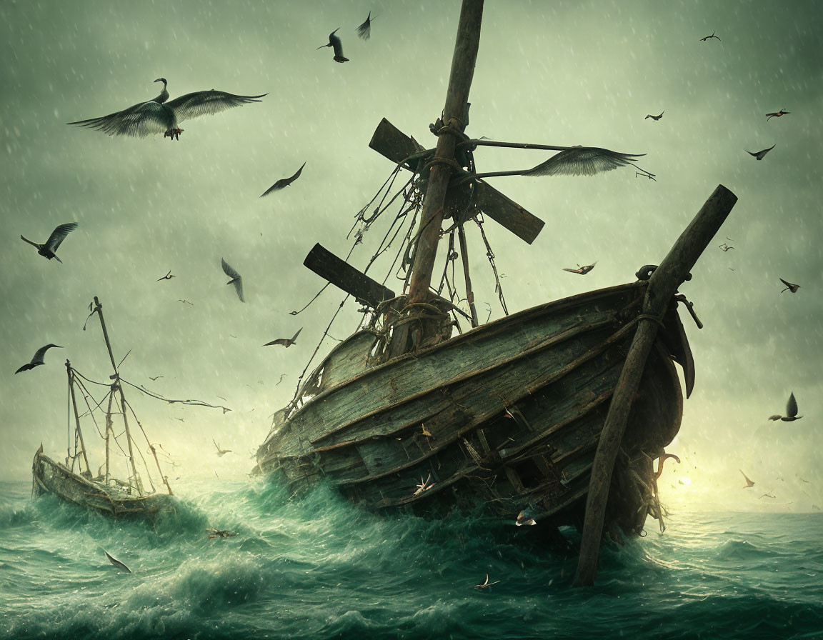 Old Ships in Stormy Sea with Seagulls: Greenish Sky