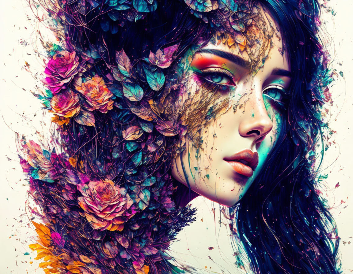 Colorful digital artwork: Woman with floral textures merging into face, hair