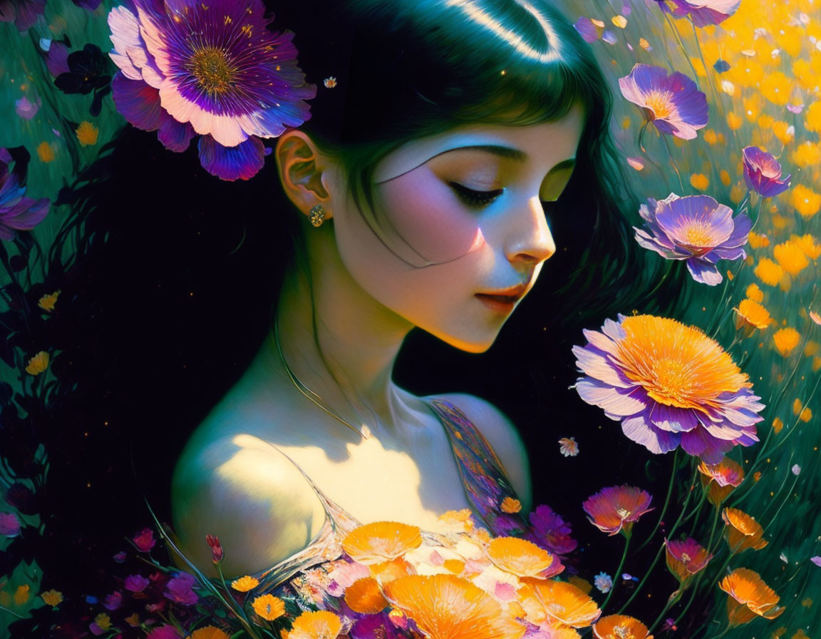 Serene woman surrounded by vibrant flowers in soft light