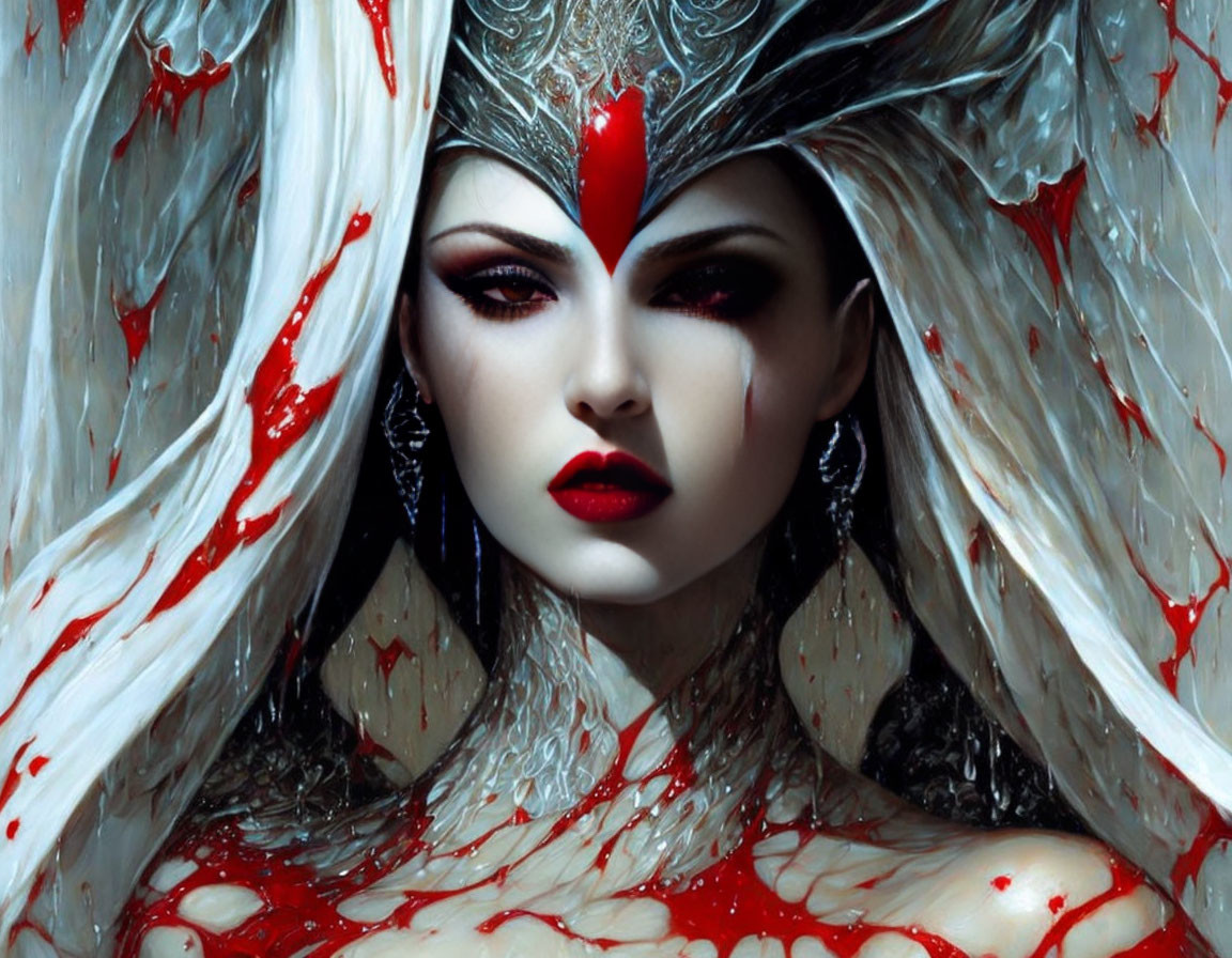 Fantasy artwork of pale-skinned woman with red jewel, striking makeup, and white armor.