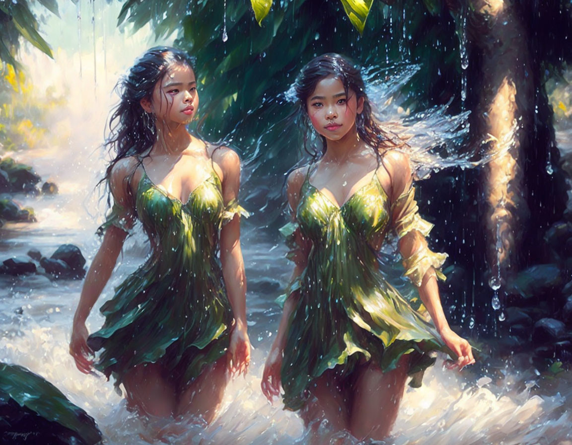 Women in leafy dresses wading in sunlit stream with water droplets.