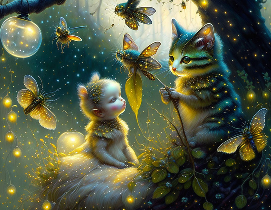 Glowing cat and small creature among luminescent butterflies in forest