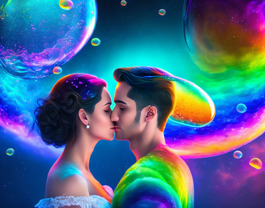 Cosmic digital artwork: embracing couple in kiss