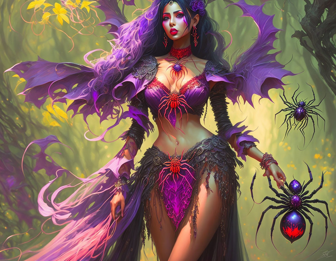 Fantasy female character with purple hair, dark attire, and spider companion in floral setting.