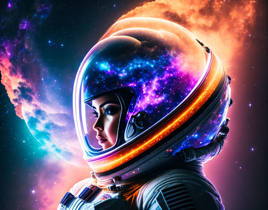 Astronaut with vivid nebula reflection on visor in cosmic scene