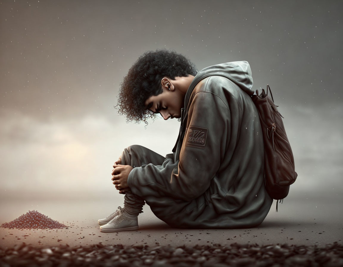 Person sitting in barren landscape under dusky sky symbolizes solitude.