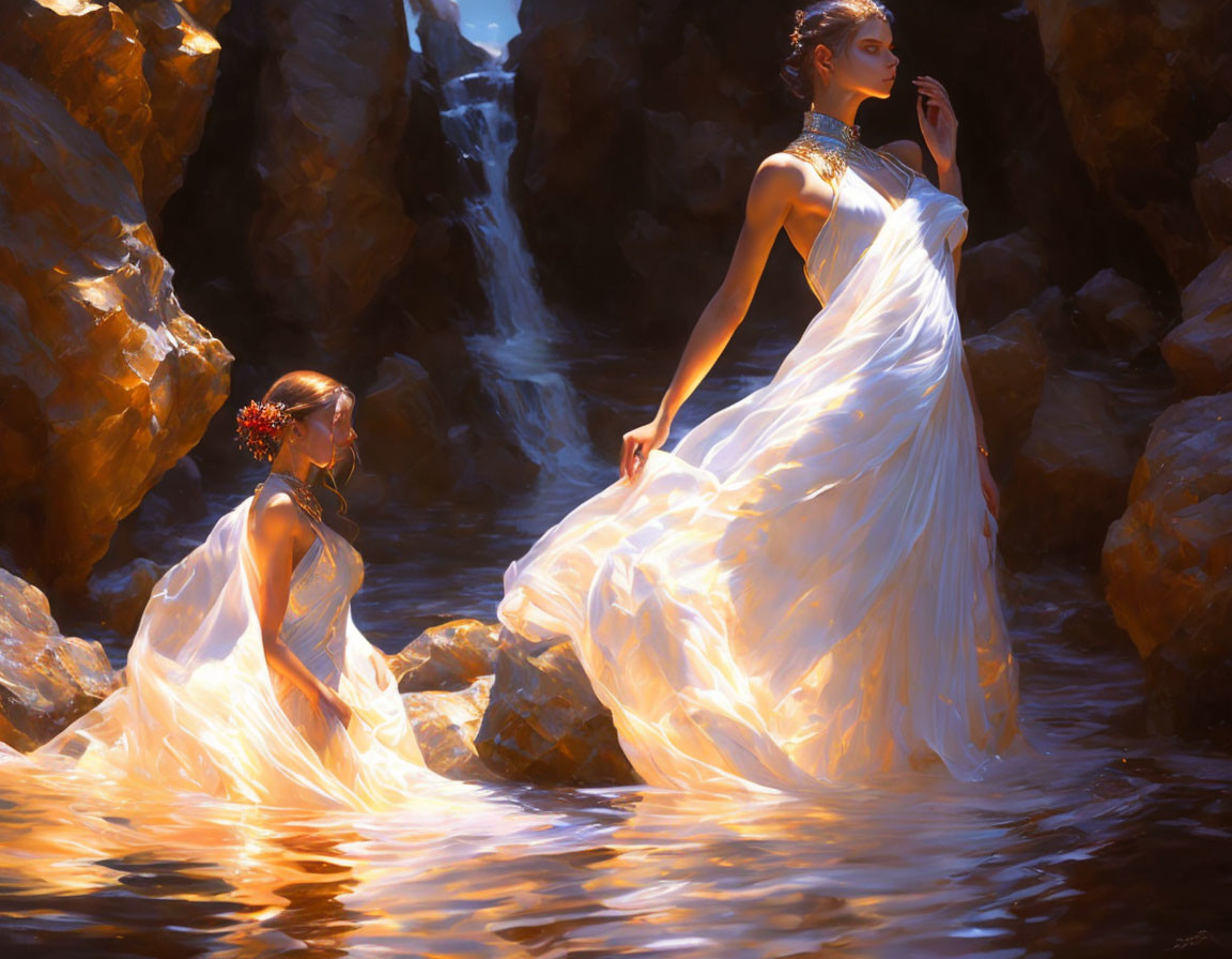 Women in white dresses by rocky waterfall in warm sunlight