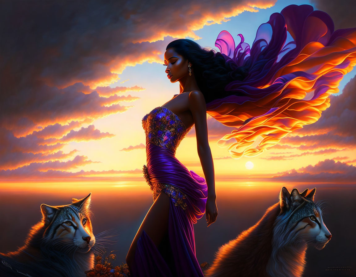 Surrealist artwork: Elegant woman in purple dress with flowing hair, fiery sunset clouds, and two