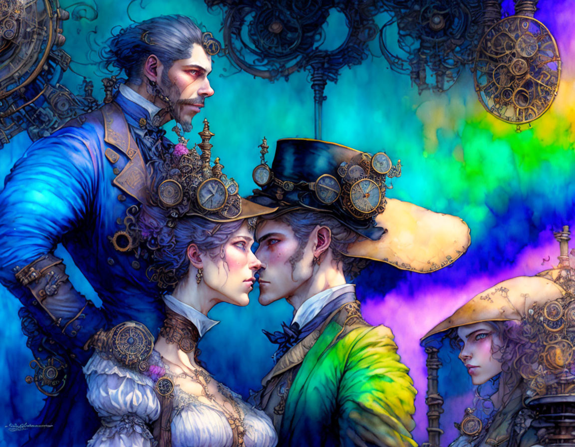 Steampunk-themed illustration: Man and woman in Victorian attire with mechanical gears.