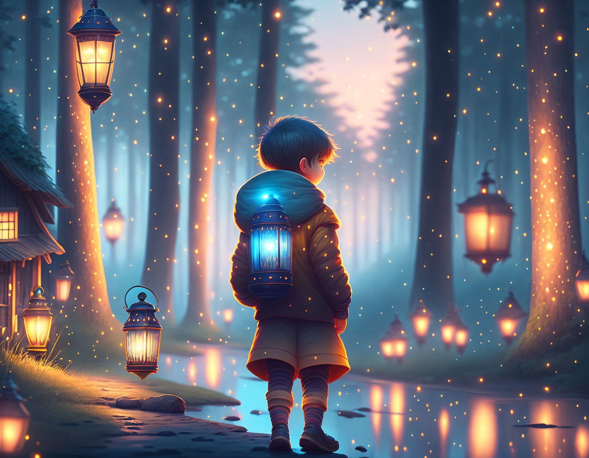 Child with large lantern in forest path surrounded by glowing lanterns