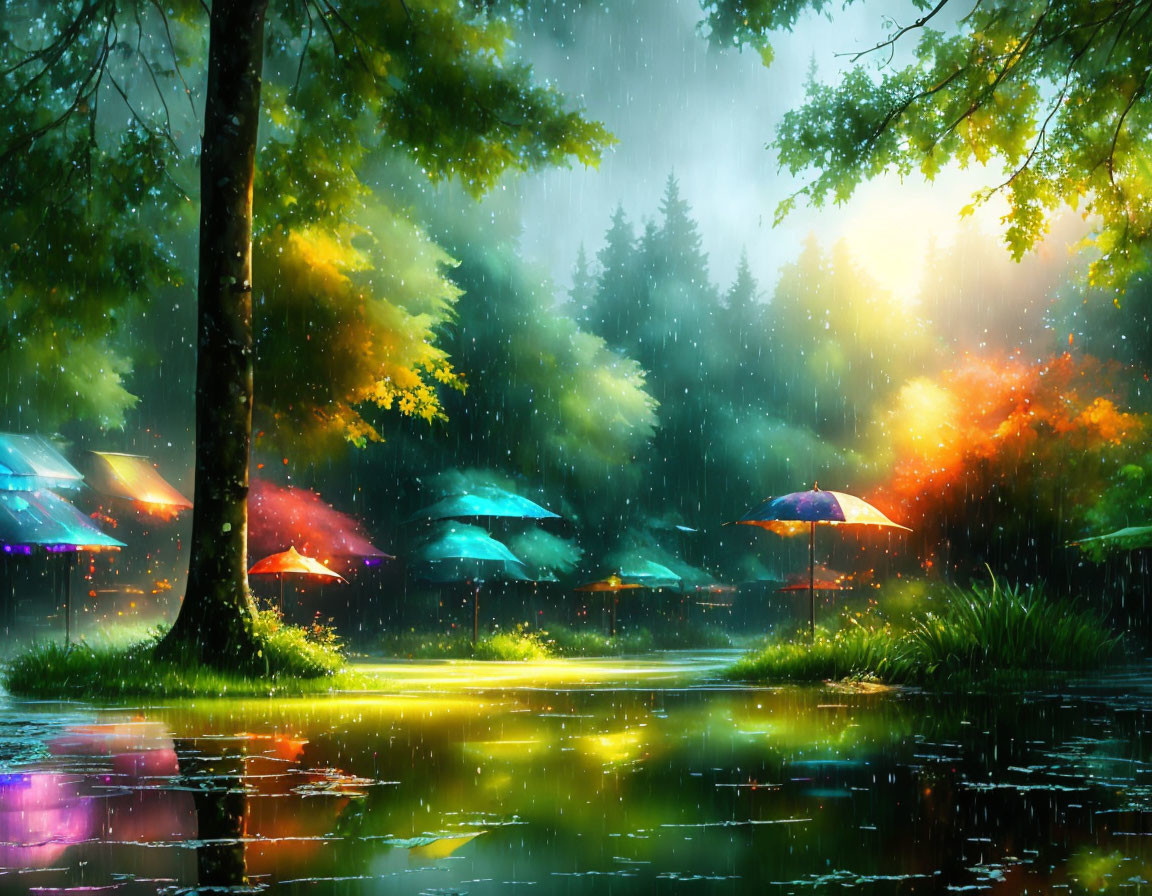 Colorful umbrellas in vibrant rainy forest scene