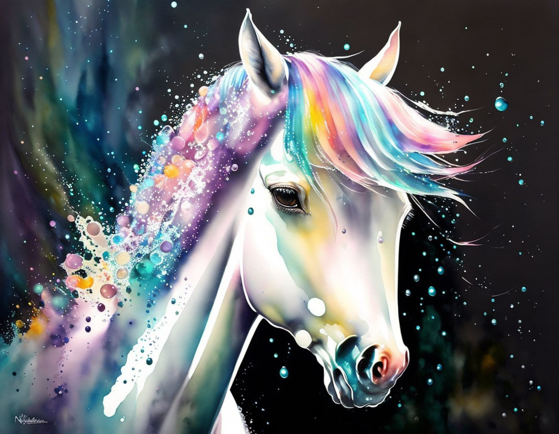 Colorful Unicorn Painting with Rainbow Mane & Sparkles on Dark Background