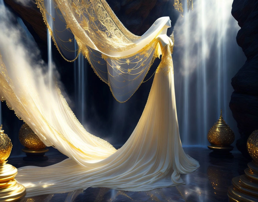 Flowing White Gown with Golden Details in Mystical Setting