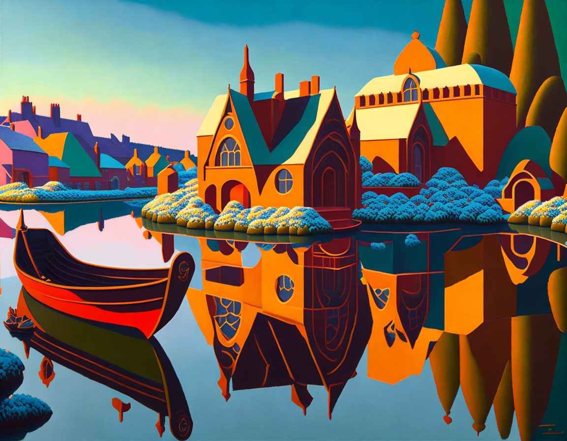 Colorful surreal landscape with whimsical buildings and rowboat by reflective waterway