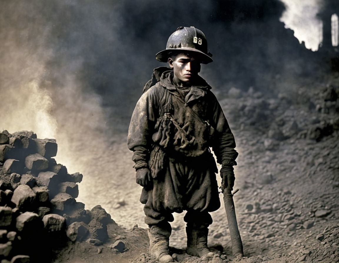 Young soldier in historical combat gear on murky battlefield